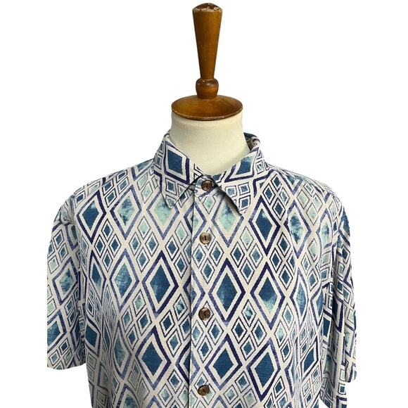 Island Republic 100% Silk Short Sleeve Geometric Button Up Top Size XL - Picture 2 of 6
